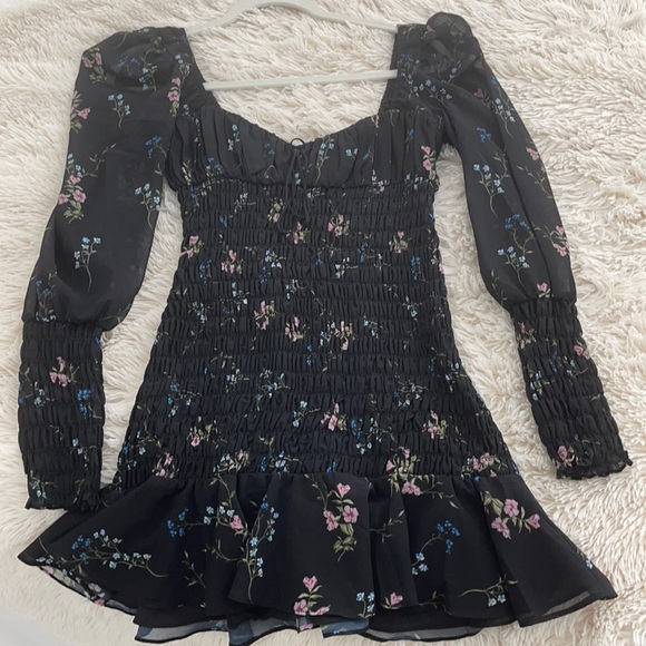 For Love And Lemons Dresses & Skirts - For Love & Lemons Black Floral Long Sleeve Smocked Mini Dress